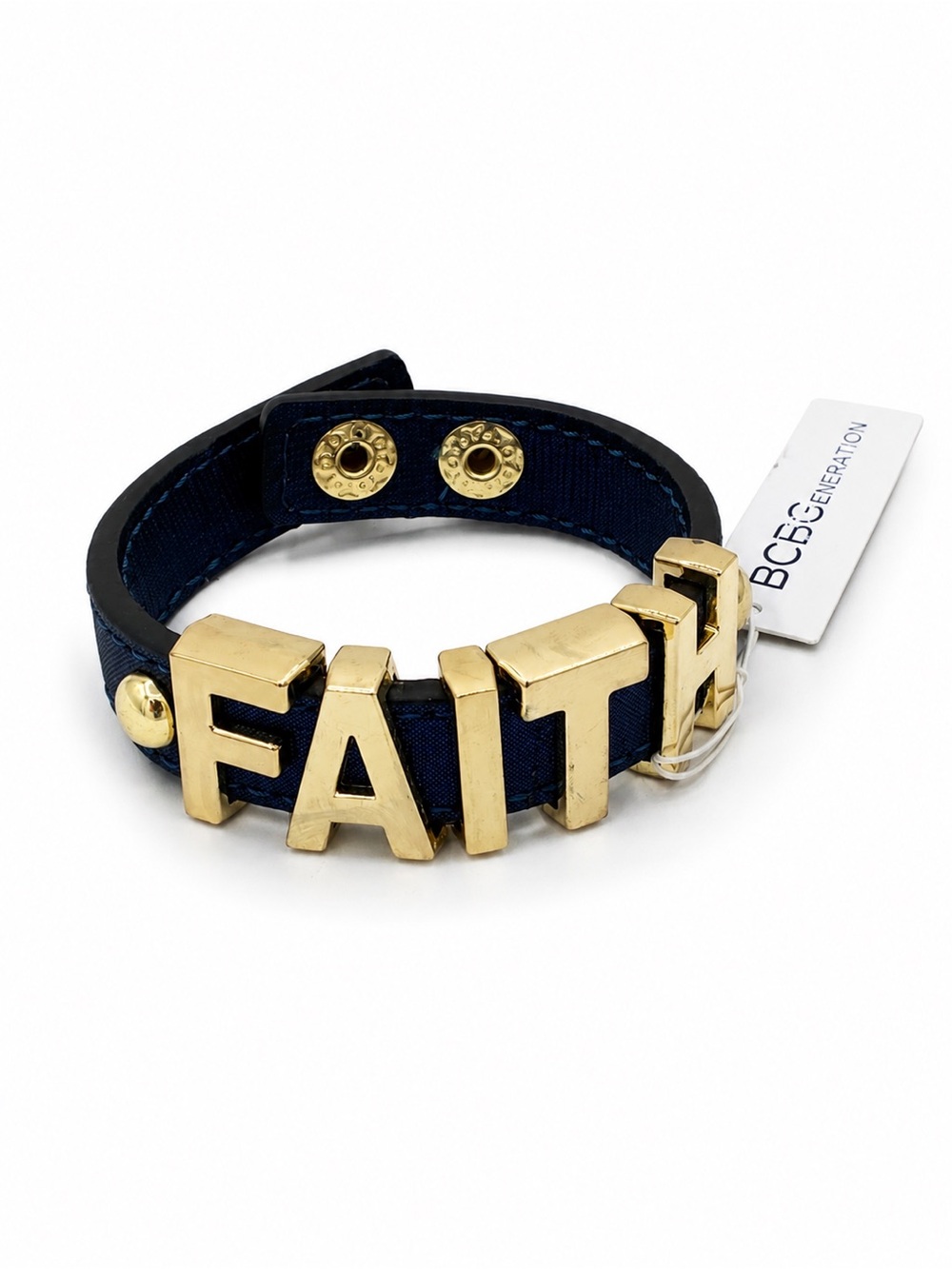 BCBGeneration FAITH Bracelet Gold Letters Navy Blue Faux Leather NWT - Picture 9 of 13